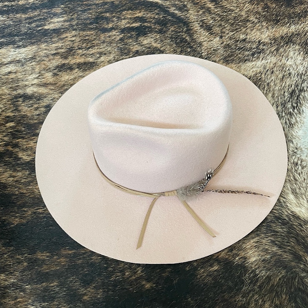 WYETH Hollis Wool Beige Pastel Pink Brimmed Hat with Leather and Feather detail